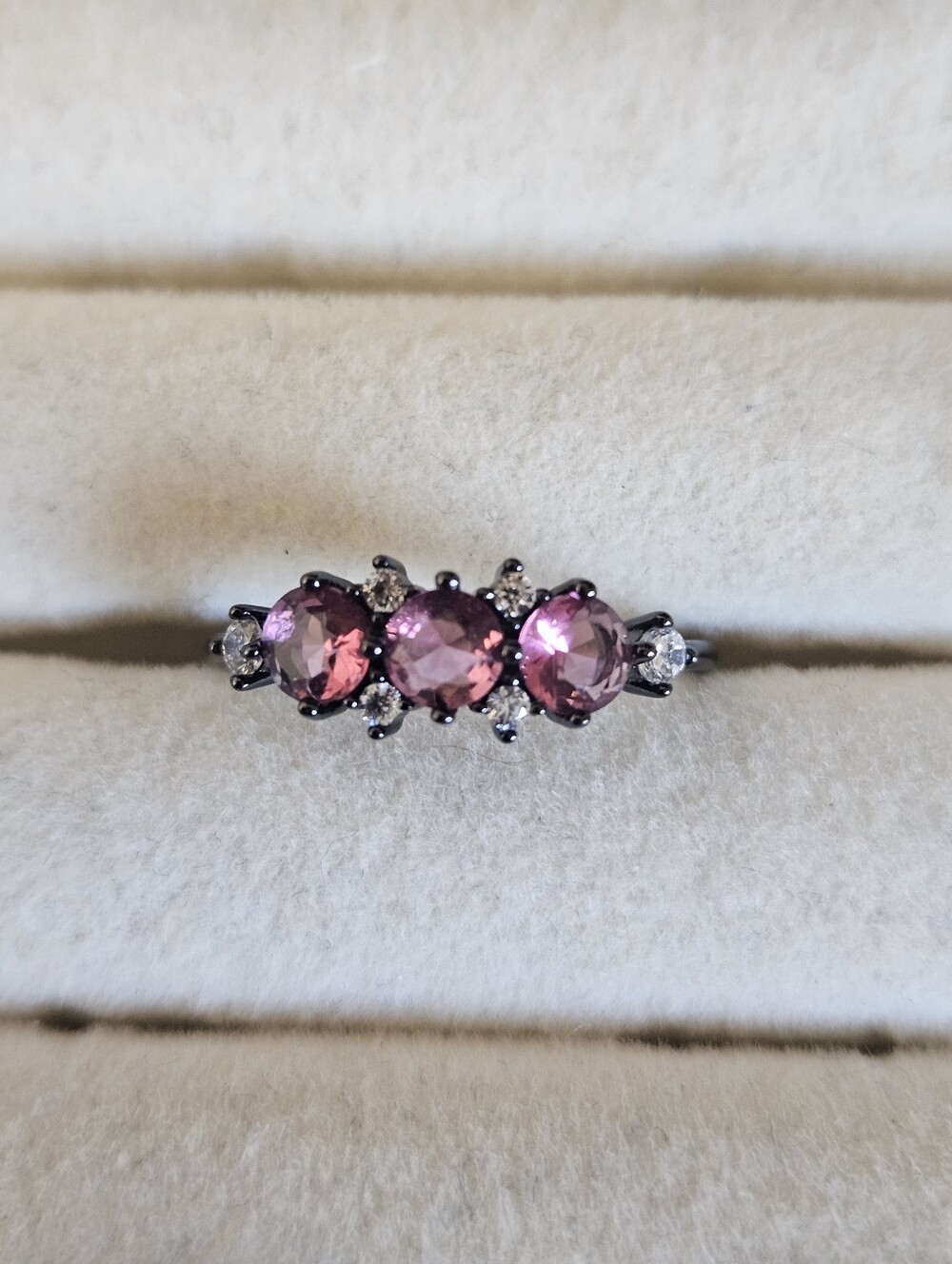 Black Rhodium Plated Pink Three-Stone Cubic Zirconia Ring